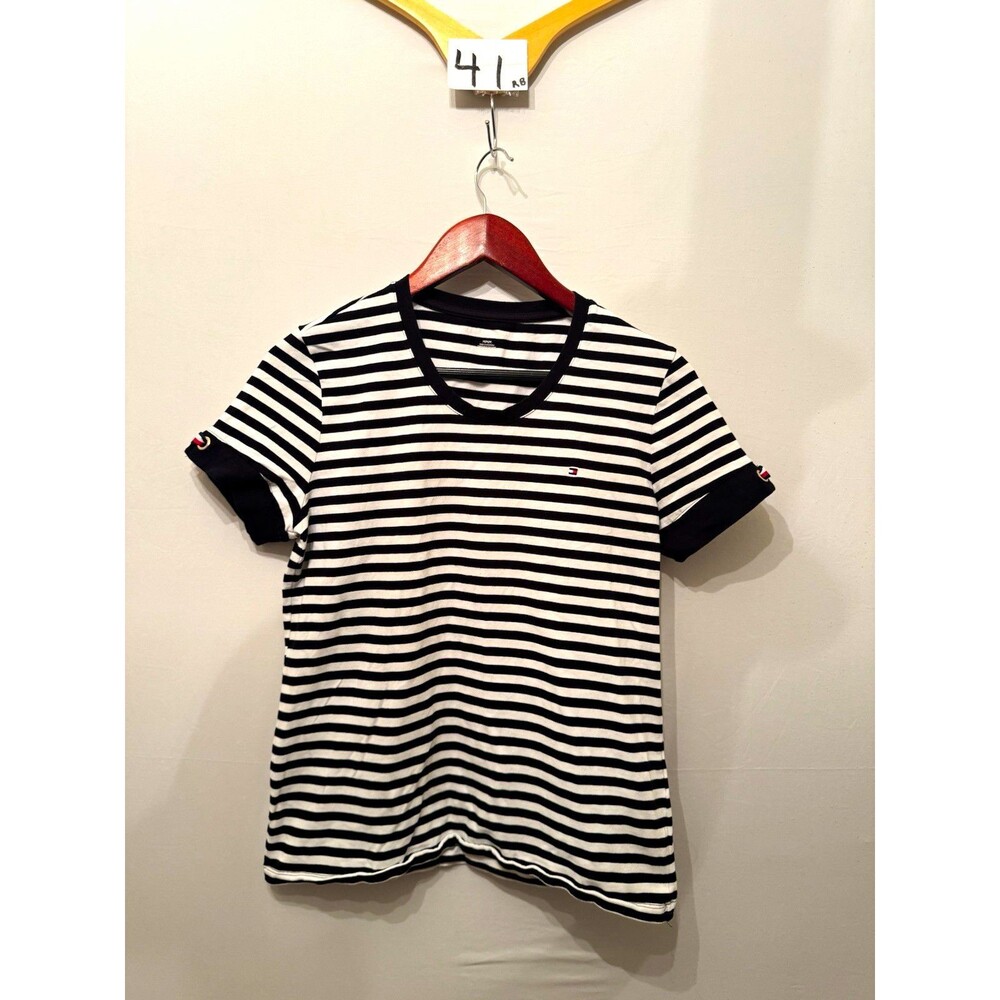 Tommy Hilfiger Striped Logo T-Shirt Men’s M Black White Crew Neck Cotton